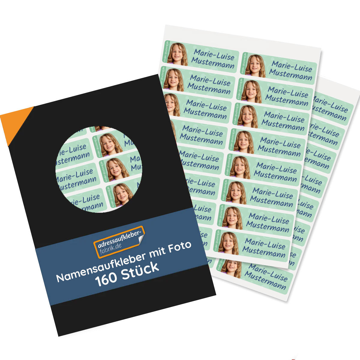 Namensaufkleber Kinder mit Foto | 160er Set mit KI-Portrait