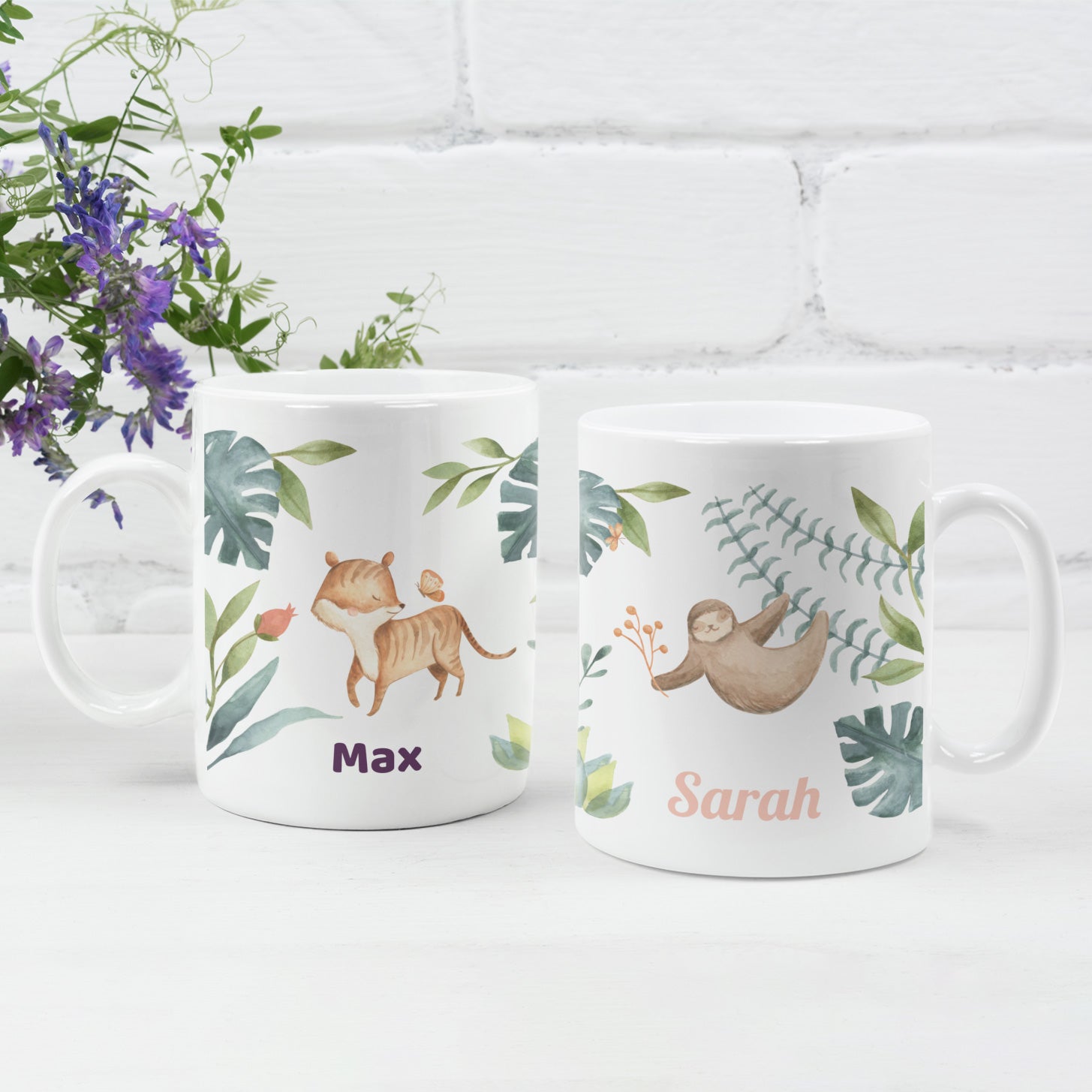 Personalisierte Kindertasse mit Namen – Aquarell Dschungel - adressaufkleber-fabrik.de