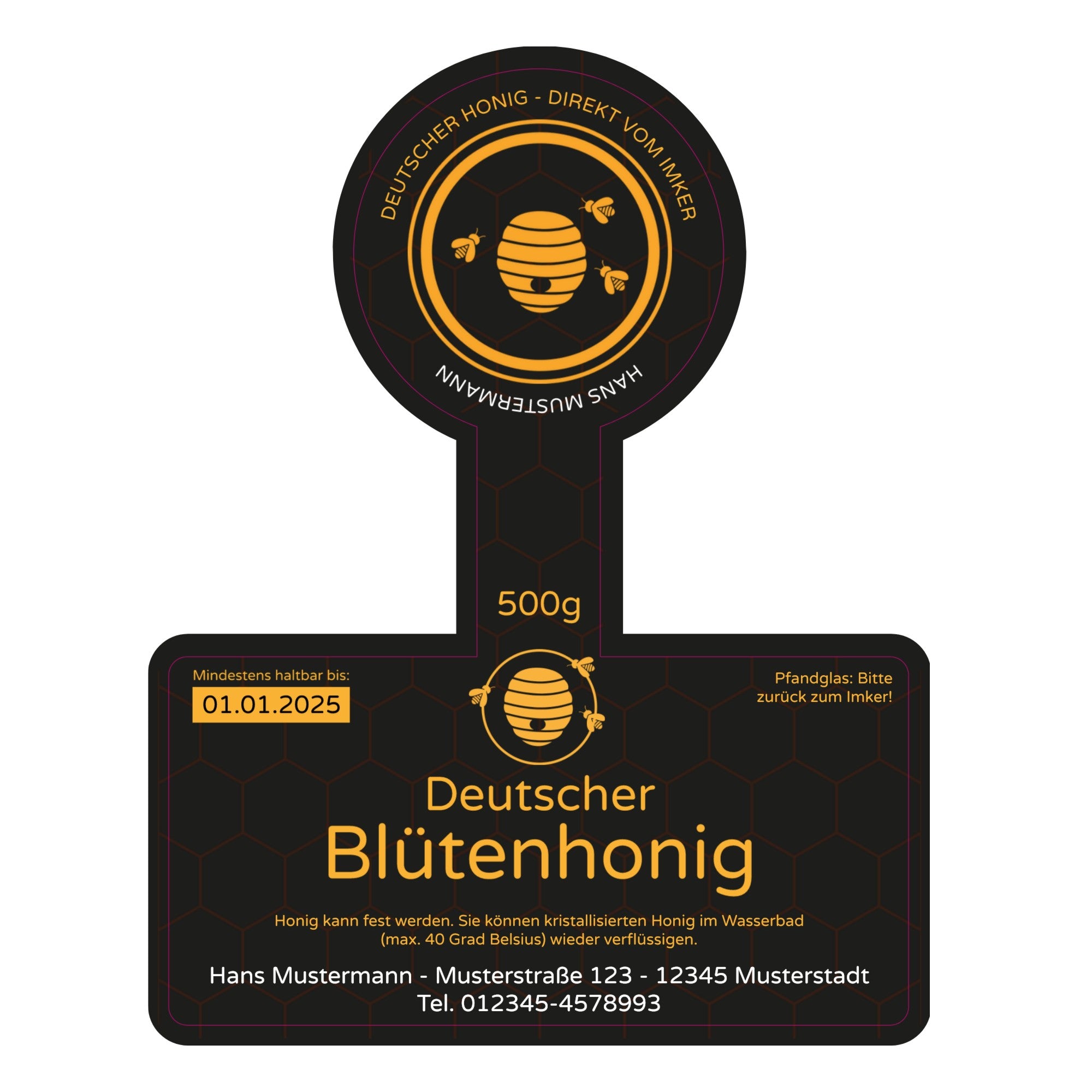 Personalisierte Honig Etiketten mit Gewährverschluss (für 500g Glas) 120x155 mm 50 Stück - adressaufkleber-fabrik.de
