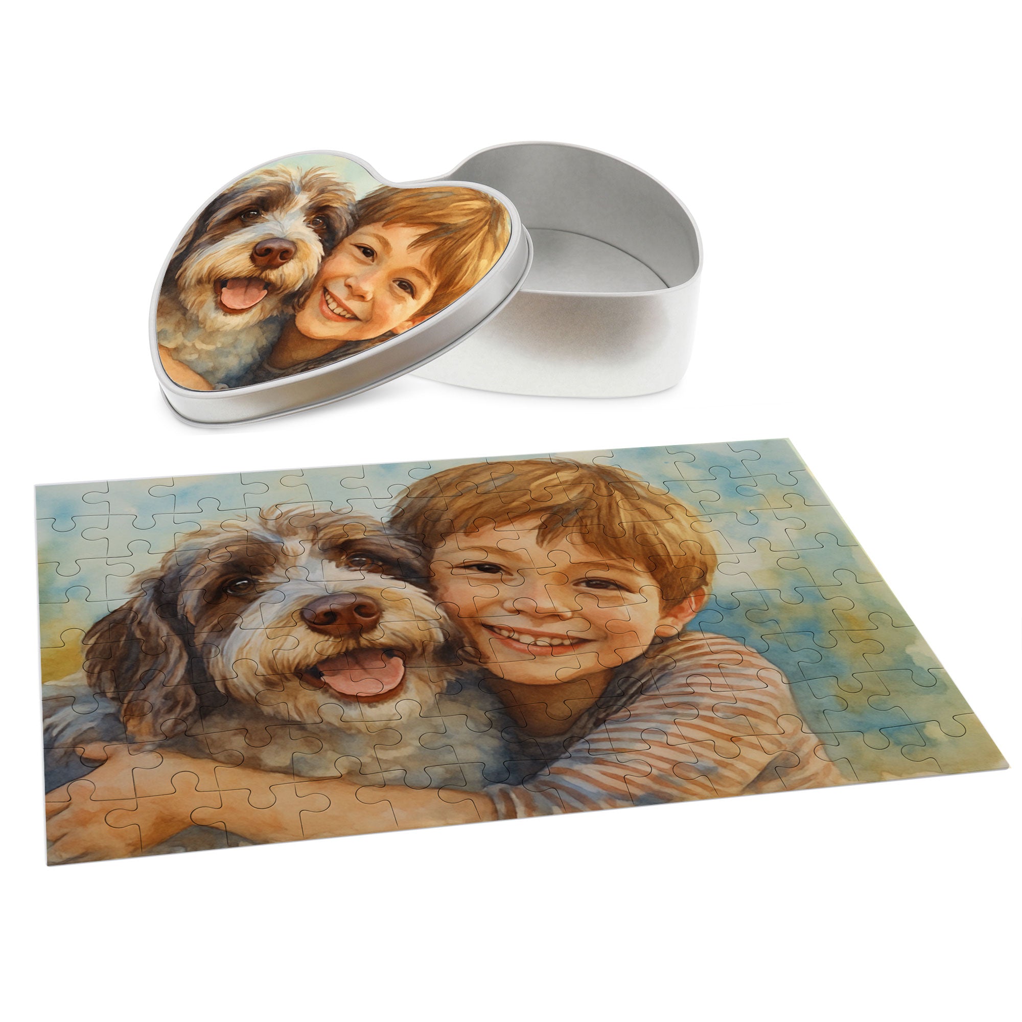 Puzzle mit Aquarellzeichnung und Individualisierung (inkl. Herzdose – 96 Teile)