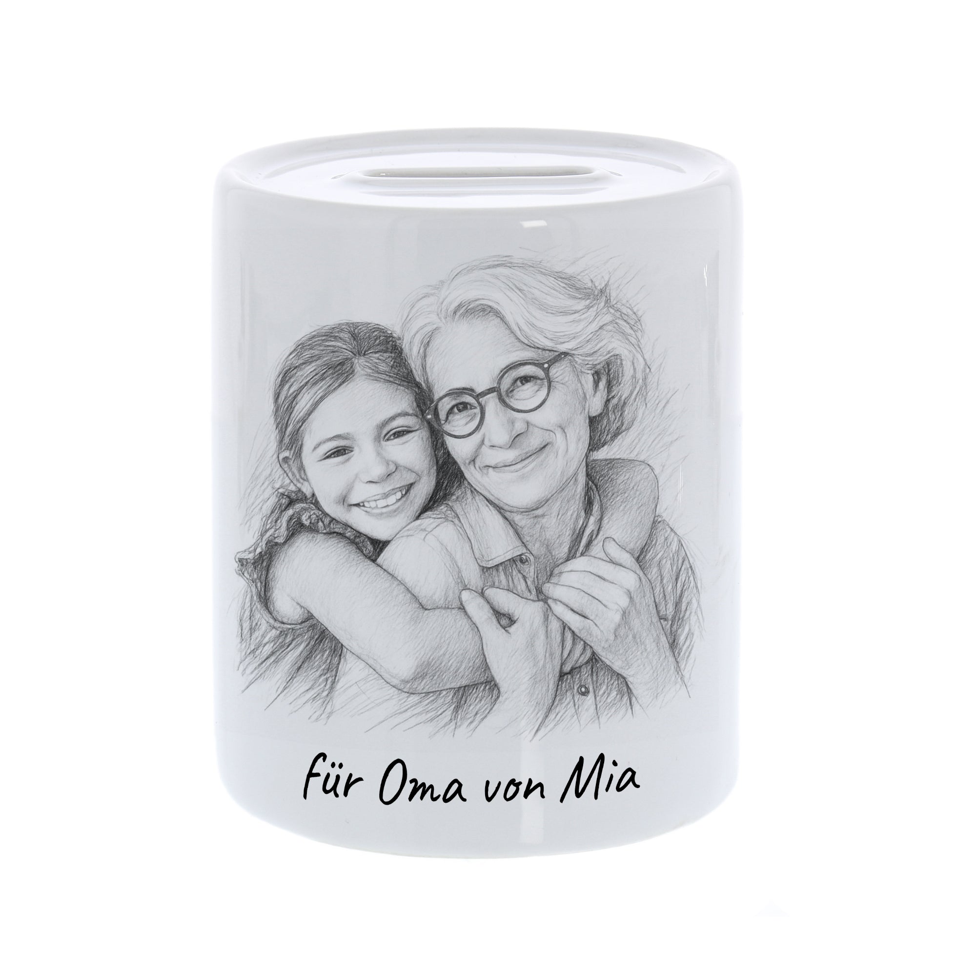 Spardose mit Bleistiftzeichnung und Individualisierung