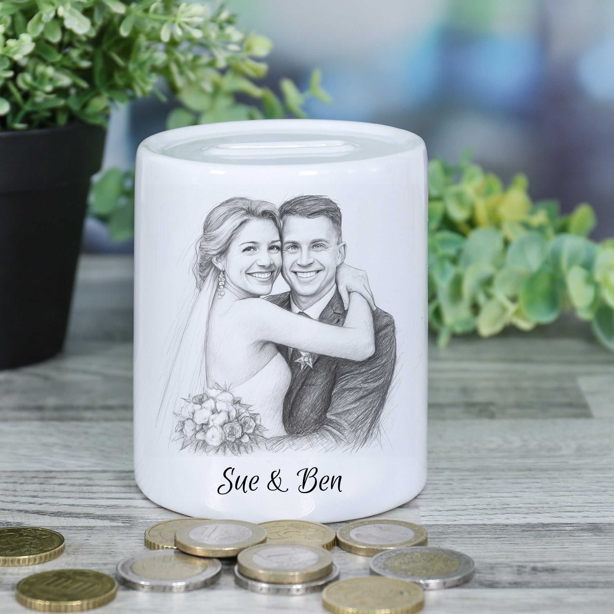 Spardose mit Bleistiftzeichnung und Individualisierung