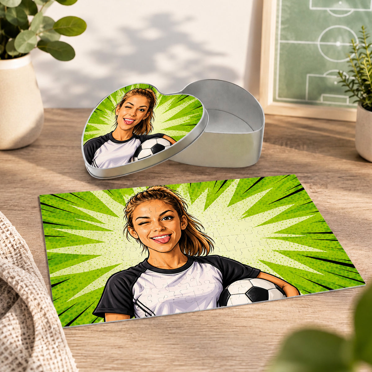 Puzzle mit Karikatur und Individualisierung (inkl. Herzdose – 96 Teile)