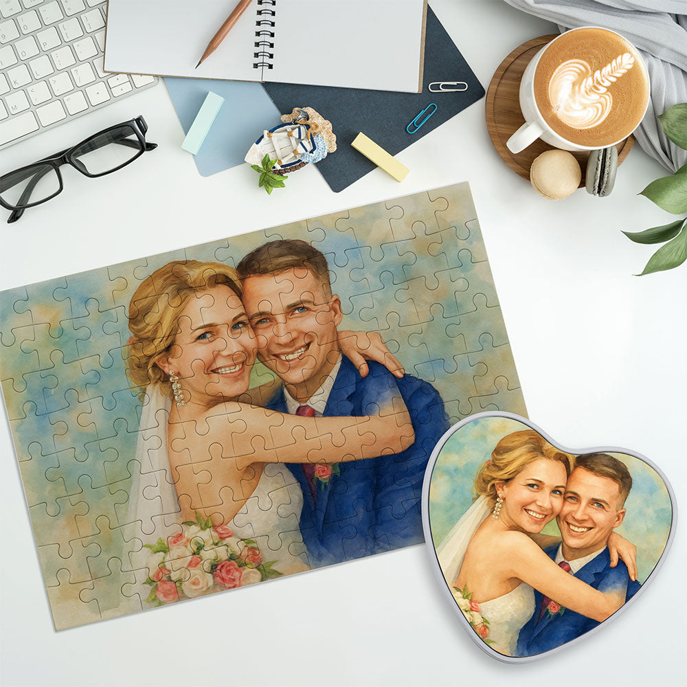 Puzzle mit Aquarellzeichnung und Individualisierung (inkl. Herzdose – 96 Teile)