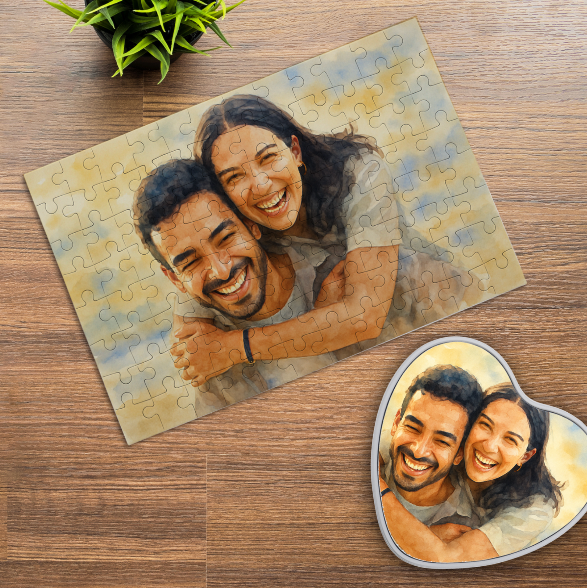 Puzzle mit Aquarellzeichnung und Individualisierung (inkl. Herzdose – 96 Teile)