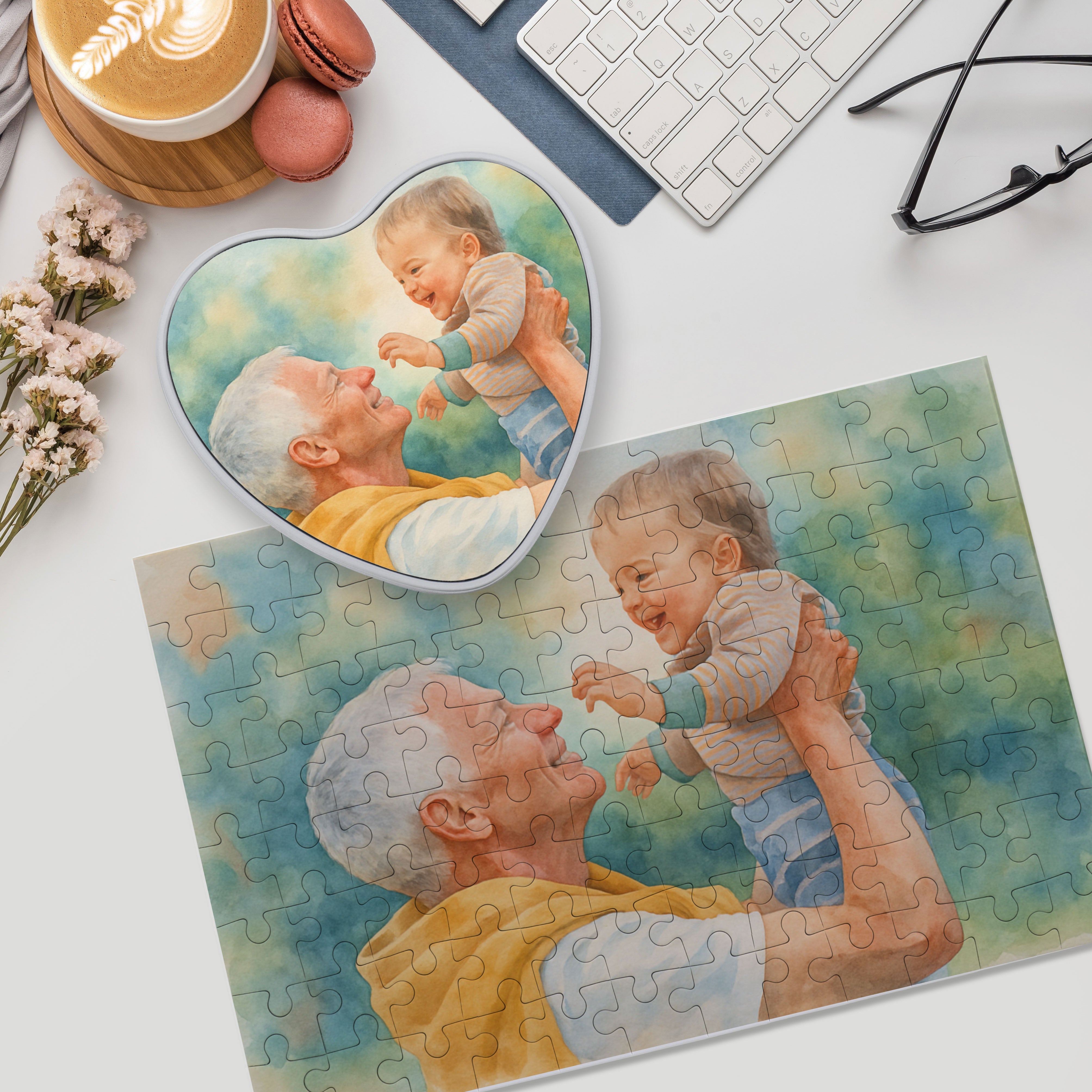 Puzzle mit Aquarellzeichnung und Individualisierung (inkl. Herzdose – 96 Teile)