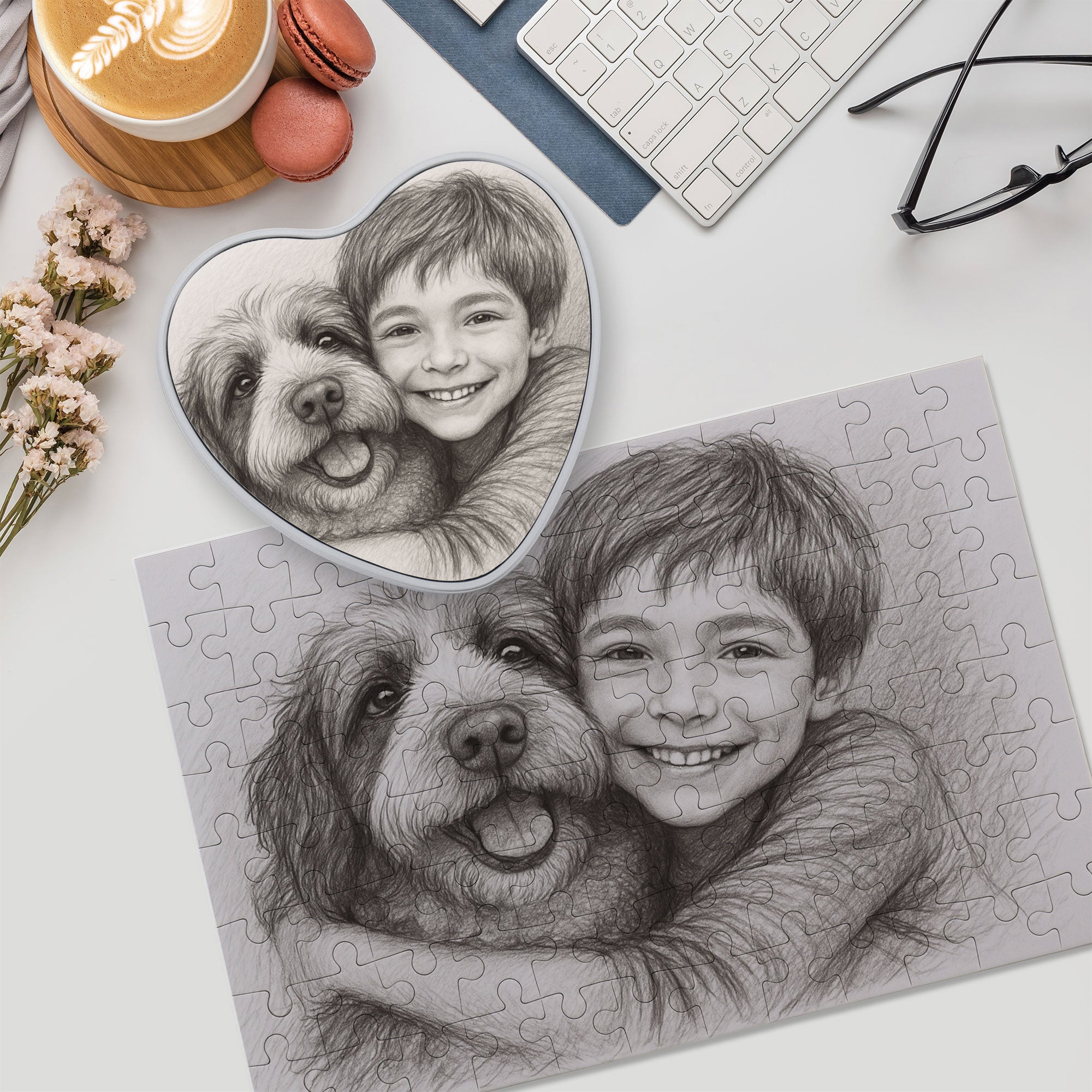 Puzzle mit Bleistiftzeichnung und Individualisierung (inkl. Herzdose – 96 Teile)