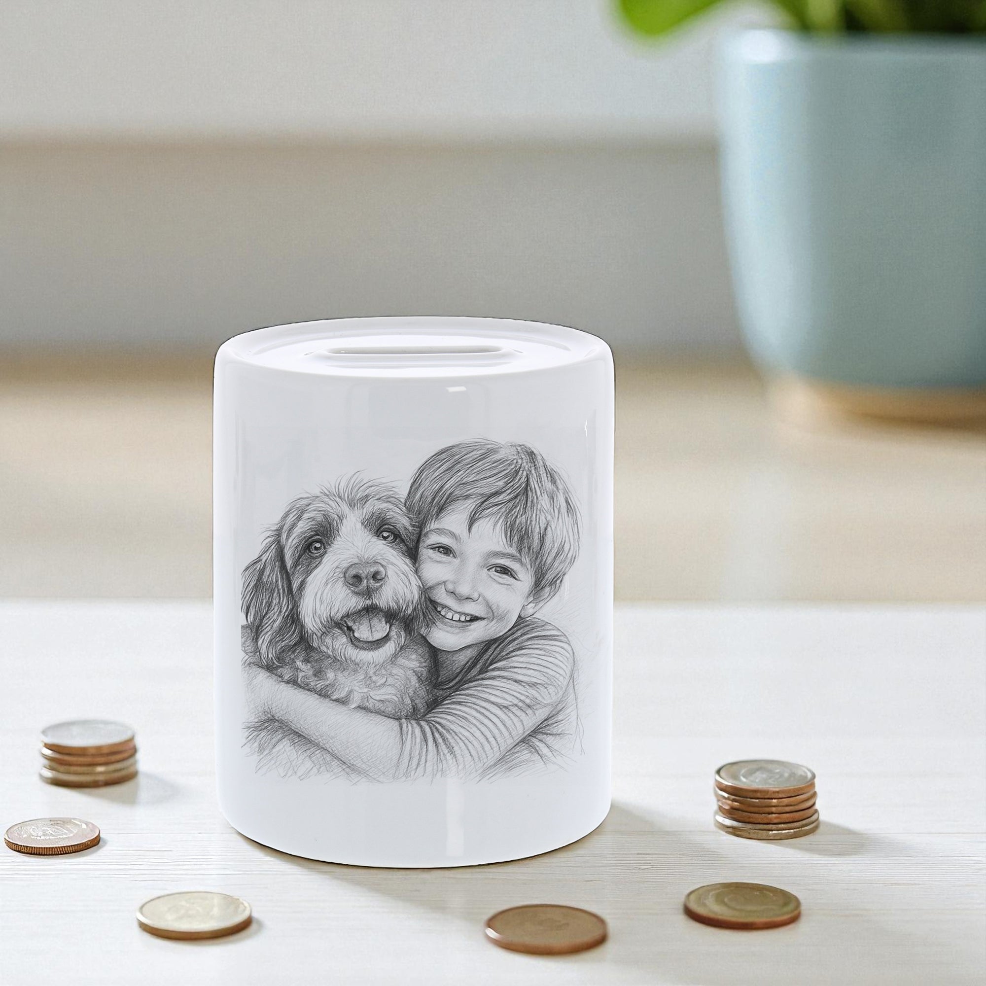 Spardose mit Bleistiftzeichnung und Individualisierung