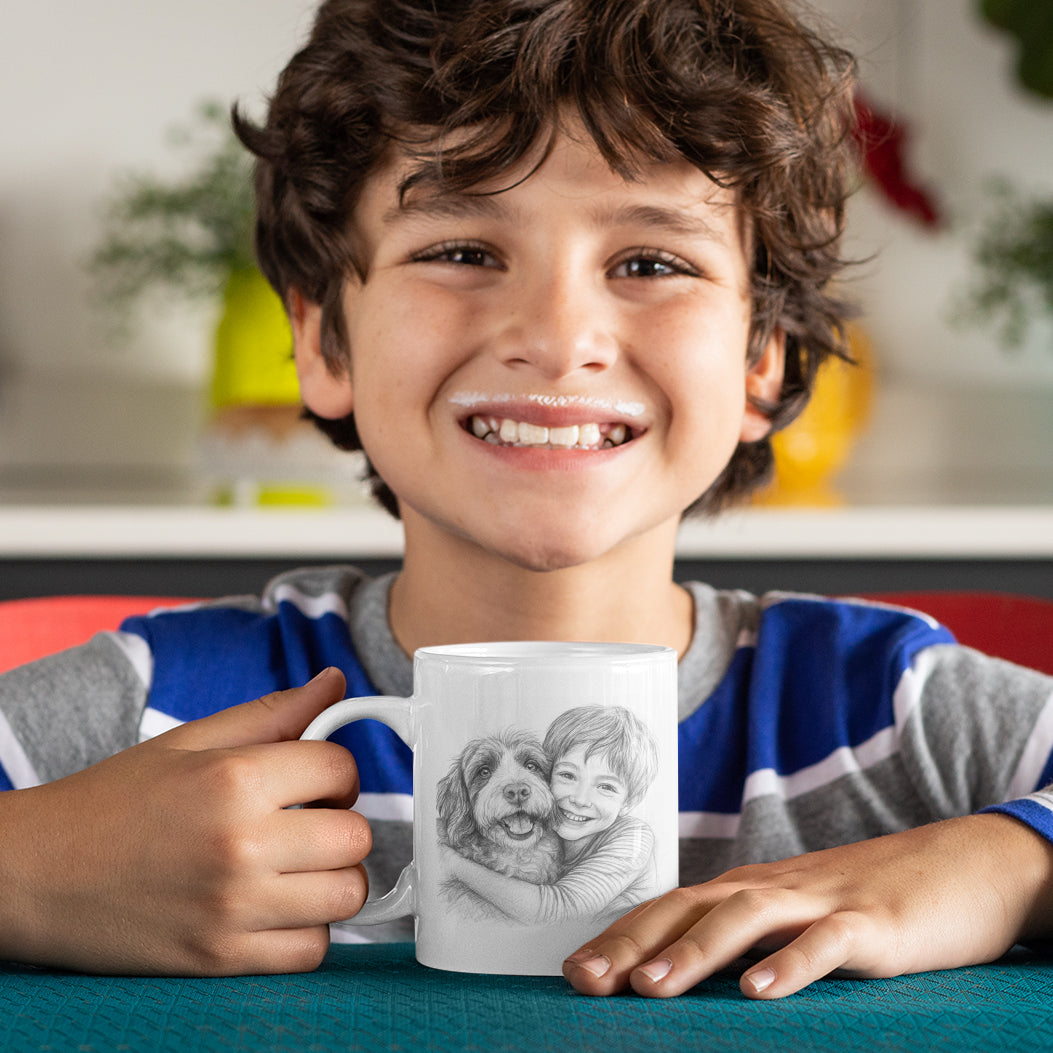 Personalisierte Keramiktasse mit Bleistiftzeichnung nach Ihrer Vorlage– bedruckte Tasse als Geschenkidee